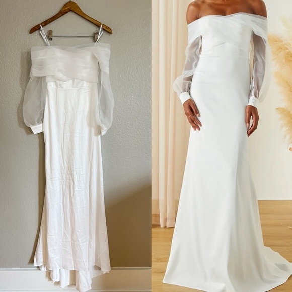 Blissfully Loved White Satin Organza Off-the-Shoulder Maxi Dress - Picture 1 of 8